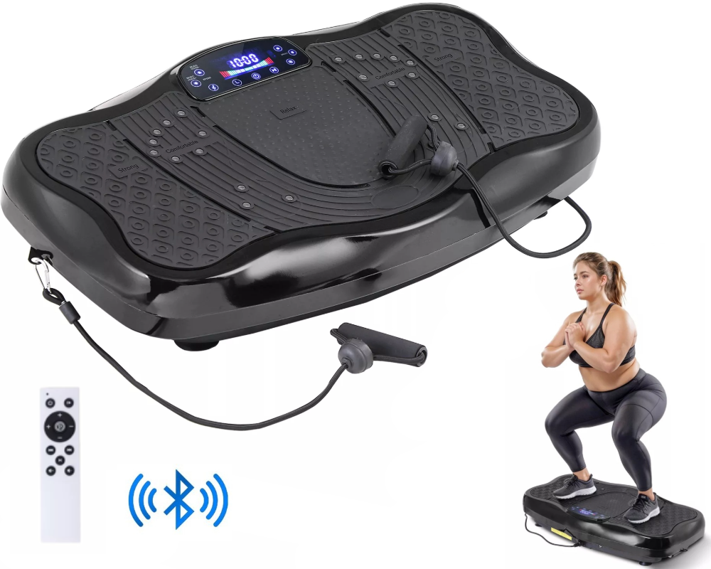 Black vibration plate with remote control and Bluetooth symbol, accompanied by a woman using the device.