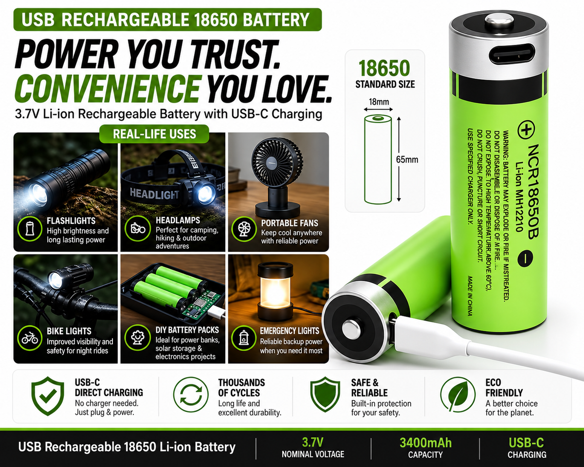 18650 Rechargeable Battery USB C