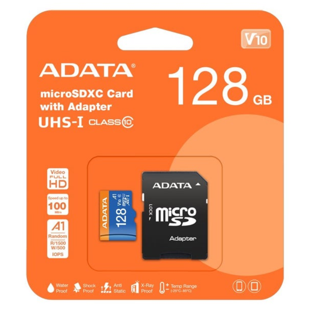 ADATA microSDXC card with adapter packaging on an orange background