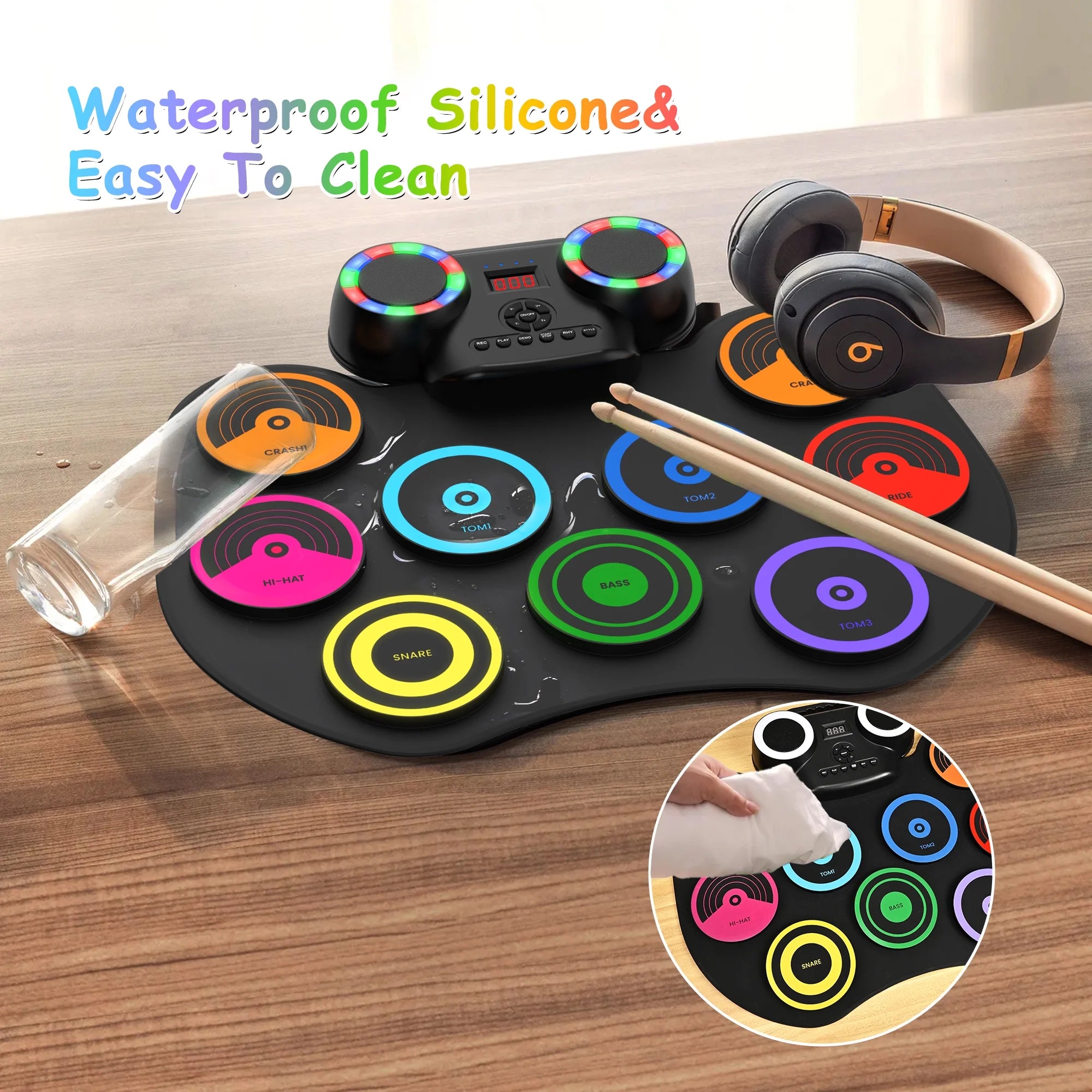 Electric Drum Set 9 Pads Built-in Speaker LED Lights