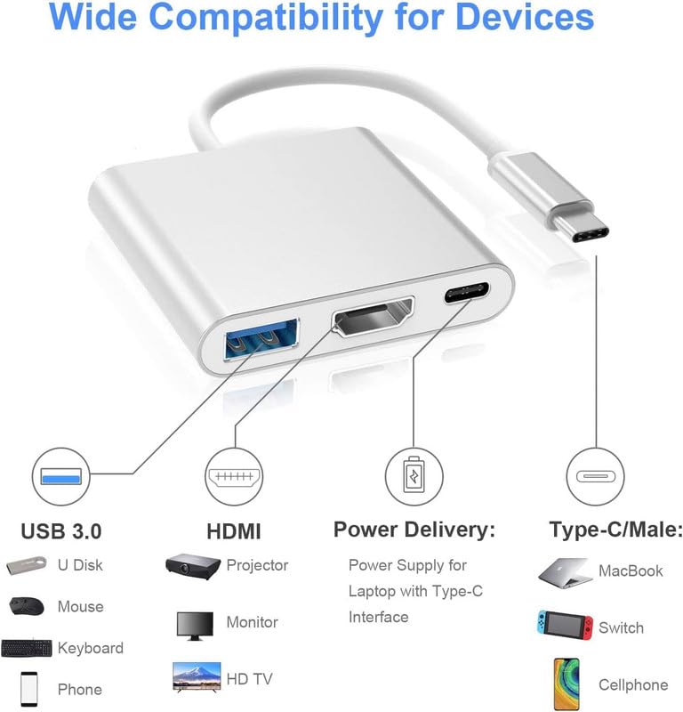 Type C To USB 3.0 HDMI Female 4K Hub Adapter Silver