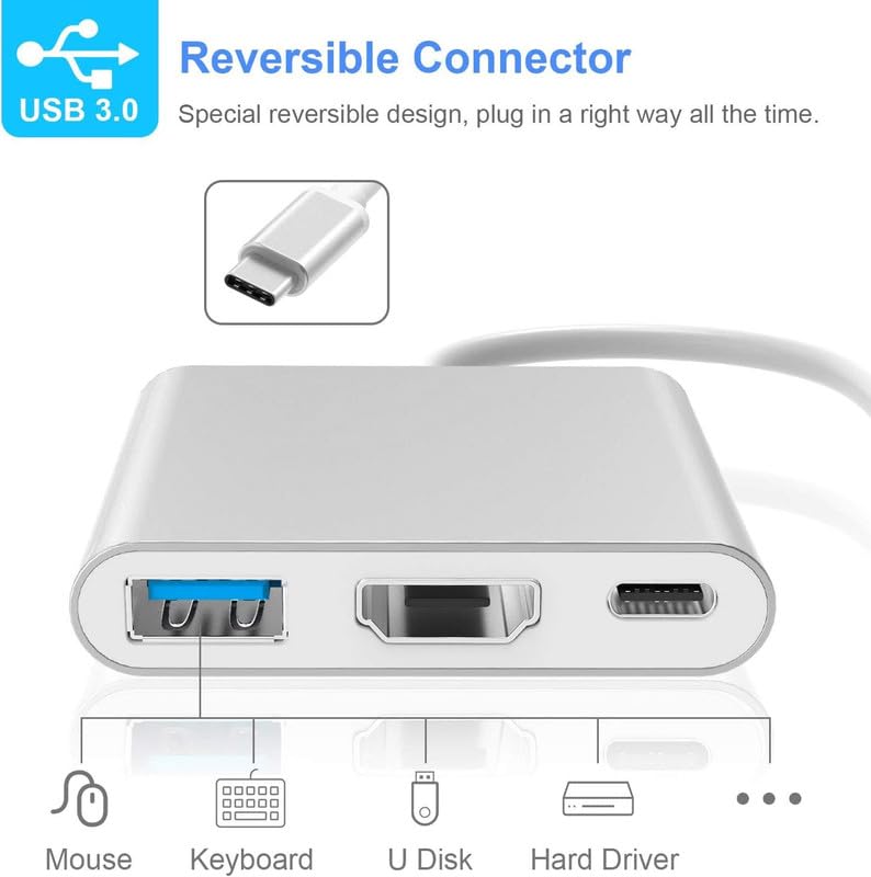 Type C To USB 3.0 HDMI Female 4K Hub Adapter Silver