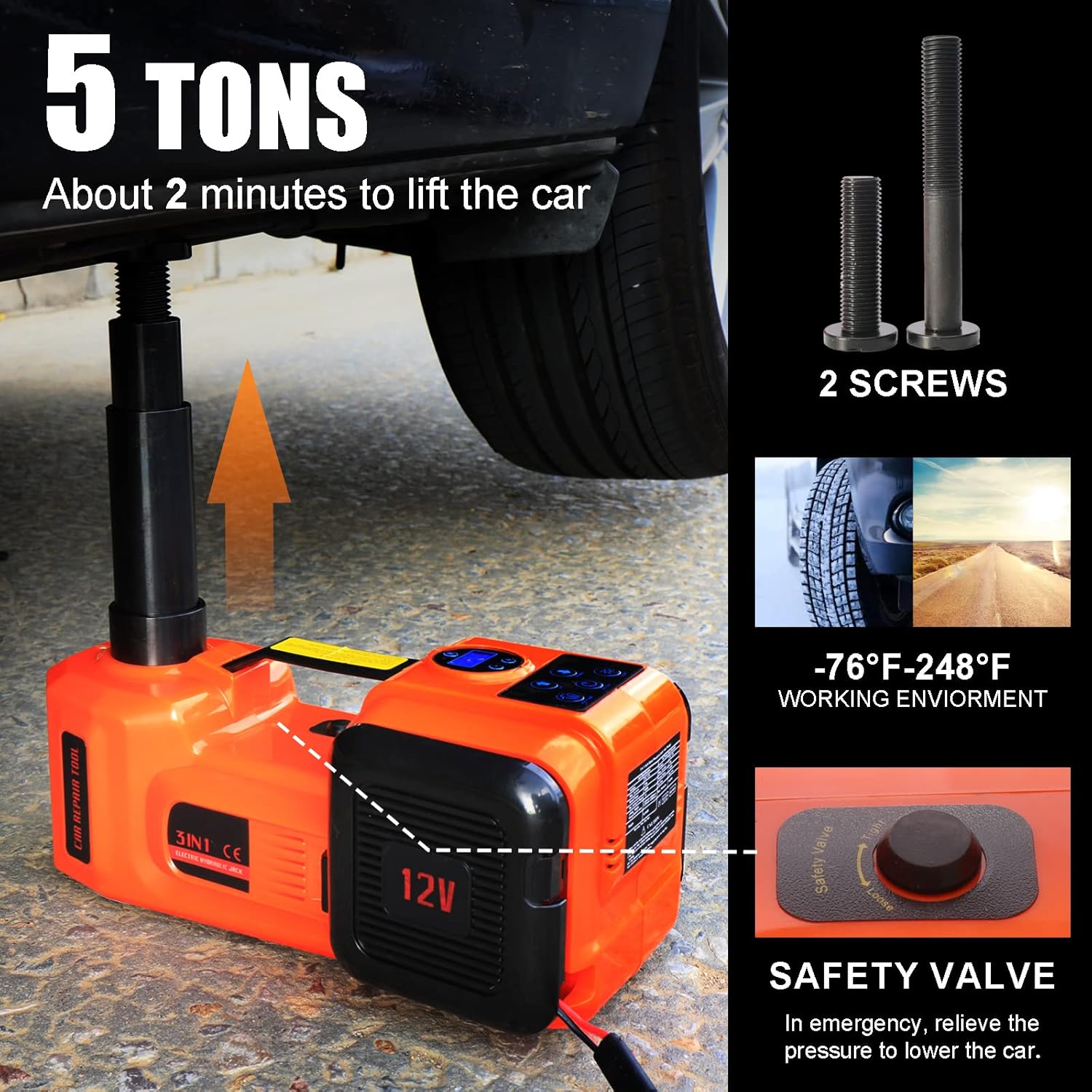 5Ton 12V Car Electric Hydraulic Floor Jack Lift + Impact Wrench Kit Box 3 in 1