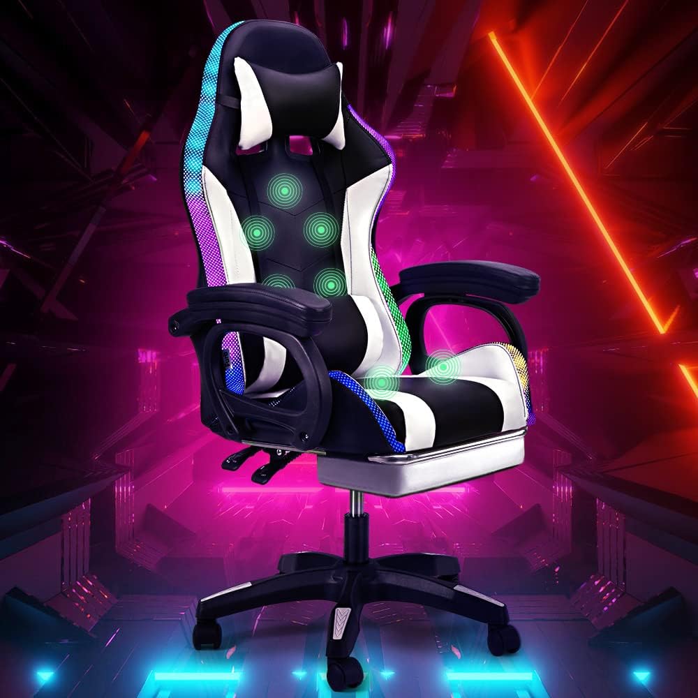 Gaming Chair with Bluetooth Speaker and RGB Light (White and Black)