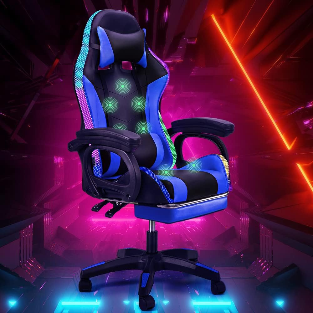 Gaming Chair with Bluetooth Speaker and RGB Light (Blue and Black)