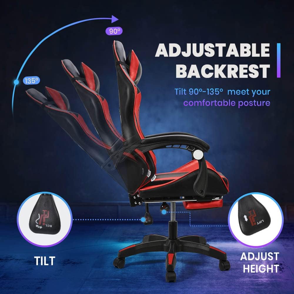 Gaming Chair with Bluetooth Speaker and RGB Light (Red and Black)