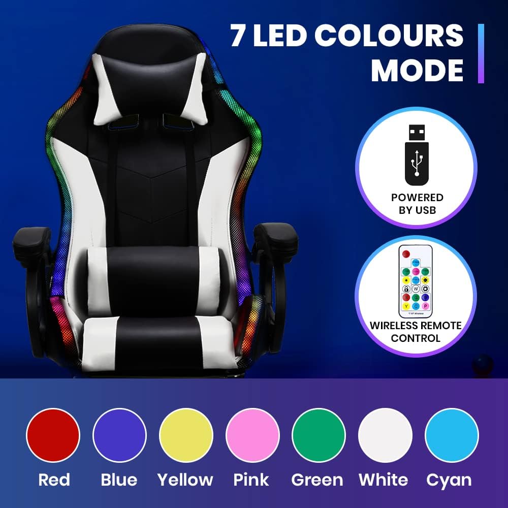 Gaming Chair with Bluetooth Speaker and RGB Light (White and Black)