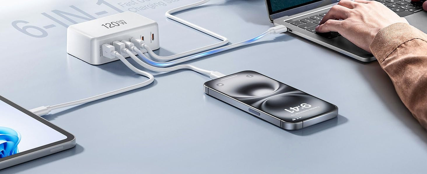 6 Port 120W USB C Charging Station GaN Fast Charging Hub