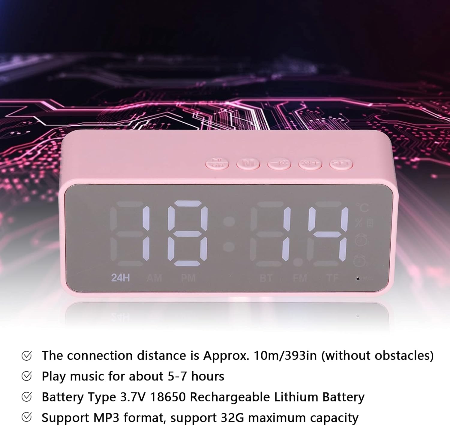 Digital Smart Alarm Clock With Bluetooth Speaker (Pink)