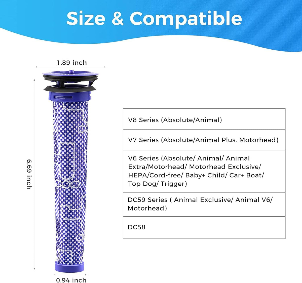 2 x Filter for Dyson V6, V7 & V8 Compatible With Replacement Vacuum Cleaner