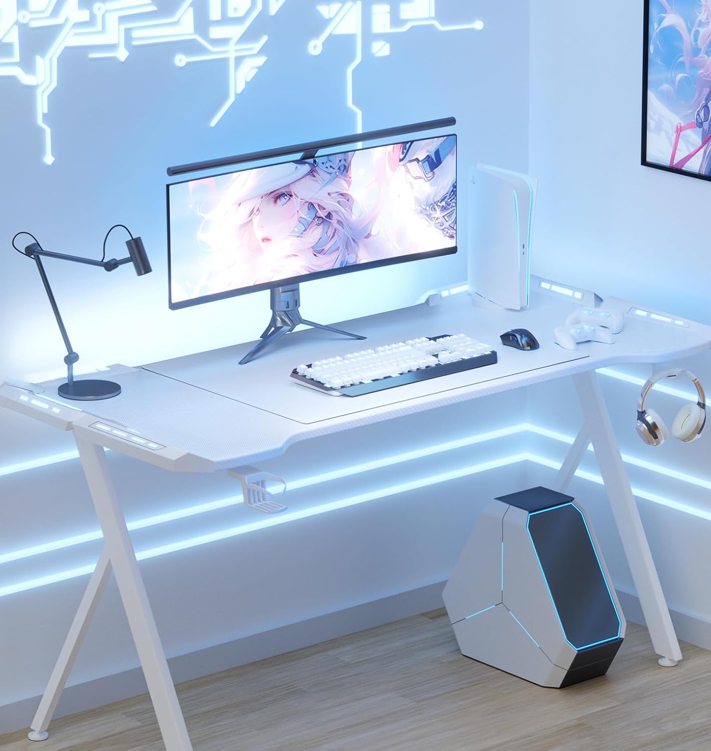 100cm RGB Gaming Desk with Wireless Charger Computer Desk (White)