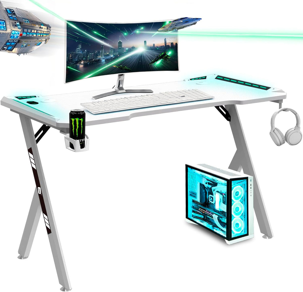 100cm RGB Gaming Desk with Wireless Charger Computer Desk (White)