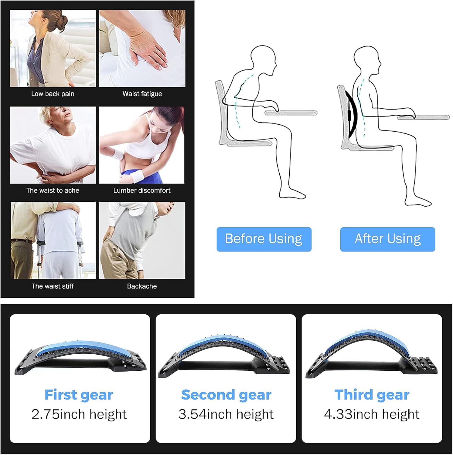 Adjustable Back Stretcher – Multi-Level Lumbar Support for Pain Relief in Bed, Chair, or Car