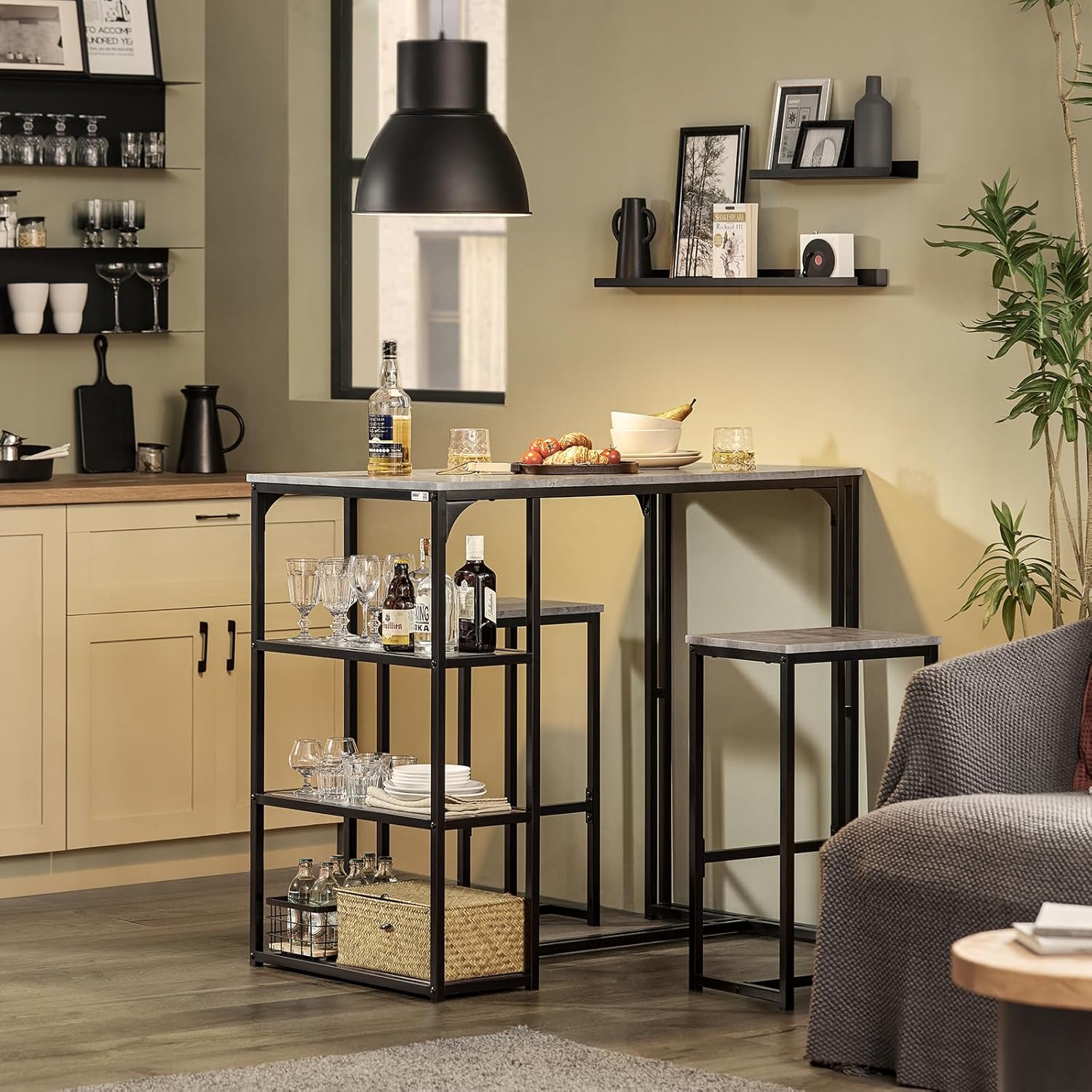 Bar Table and Bar Chairs Stool Set Light Grey