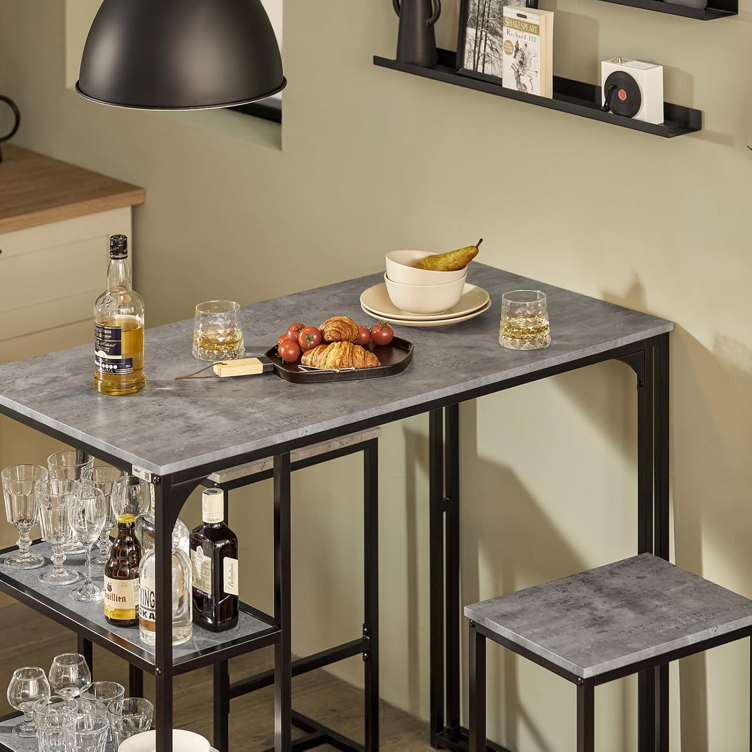 Bar Table and Bar Chairs Stool Set Light Grey