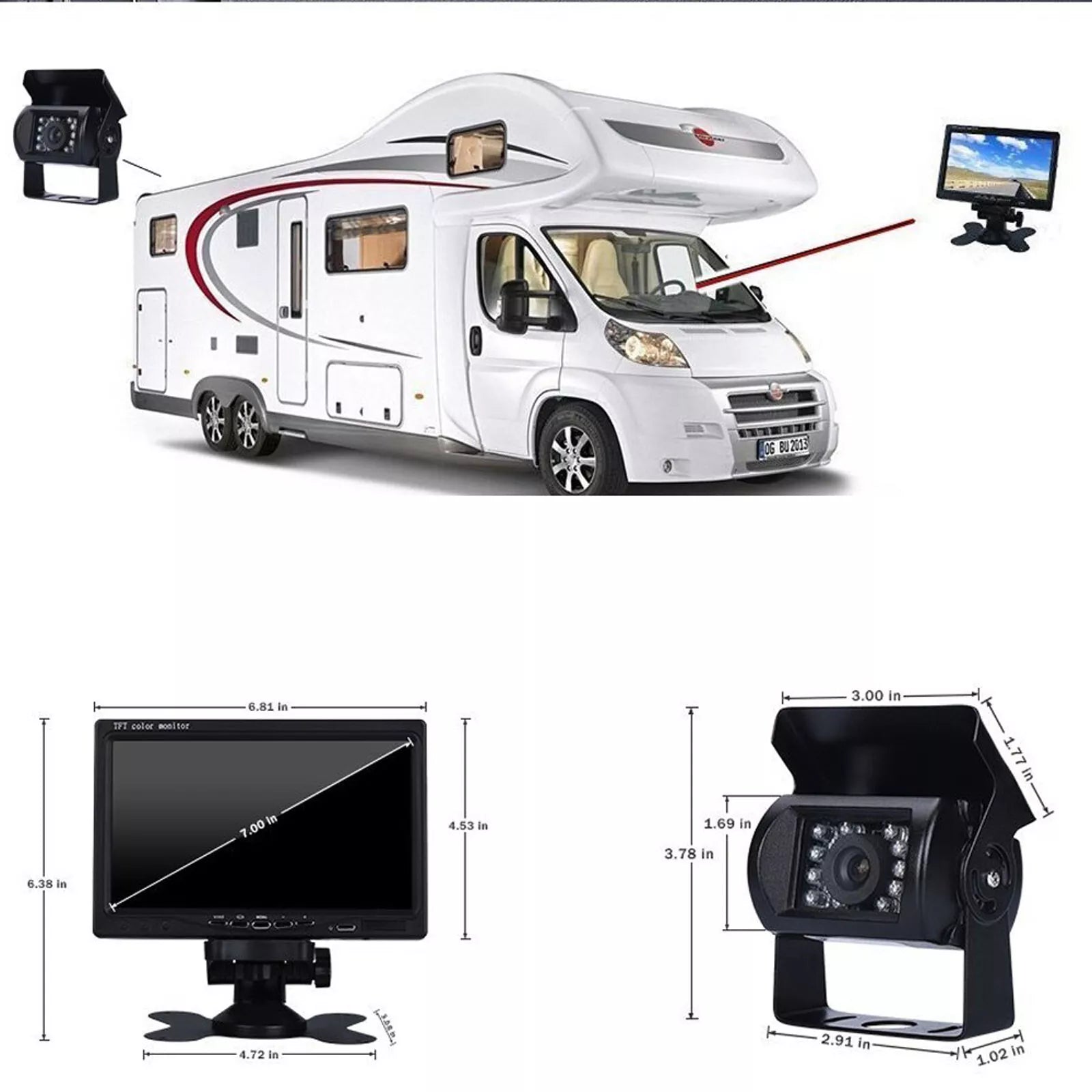 7" Monitor Reverse Camera Rear View Parking (AV Plug)