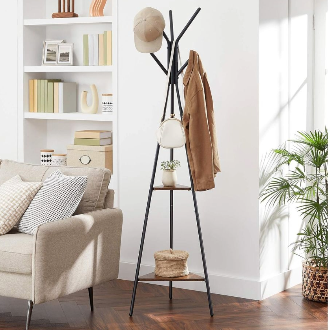 Coat Rack Freestanding Coat Hanger Stand Hall Tree with 2 Shelves