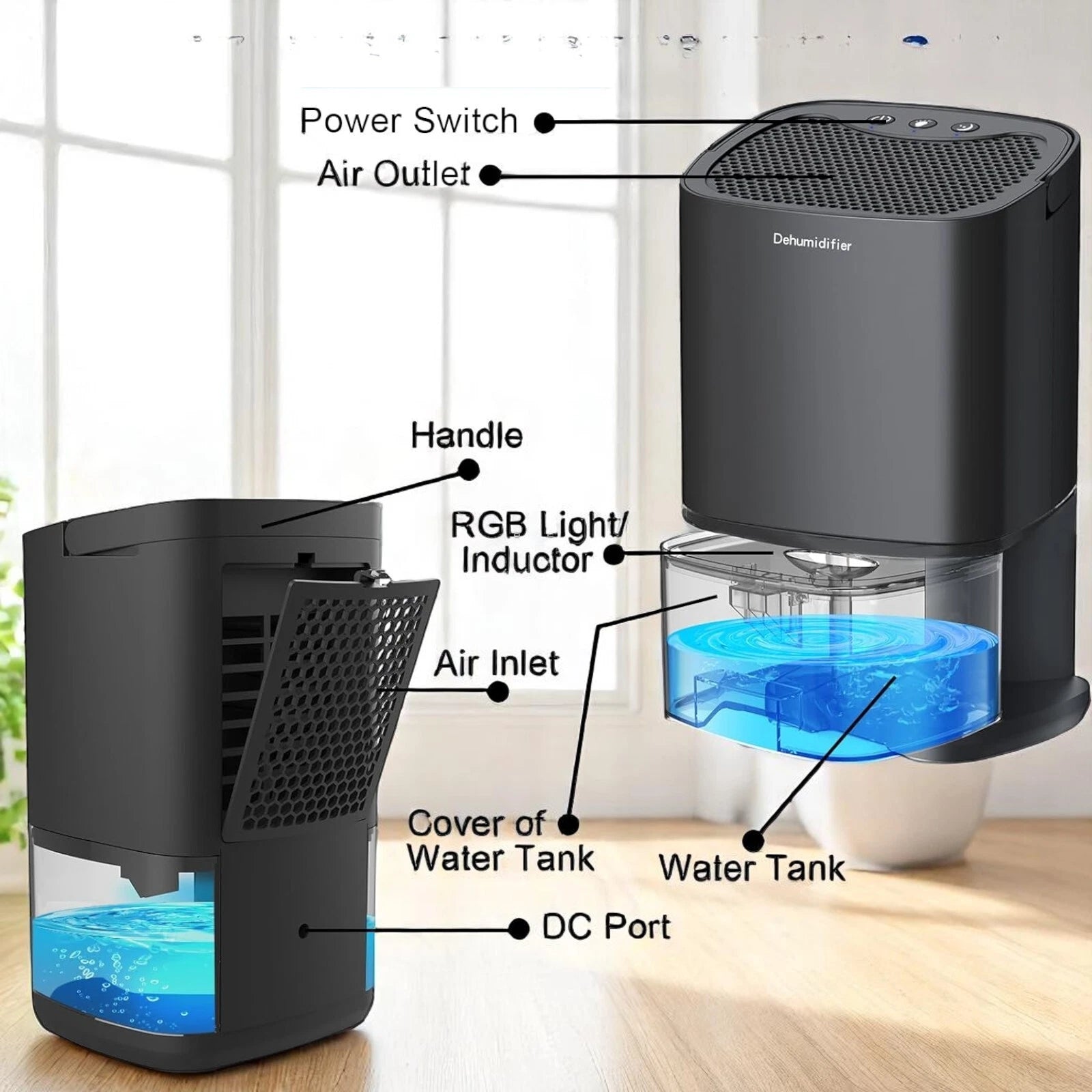 Mini Dehumidifier 1000mL Portable Black