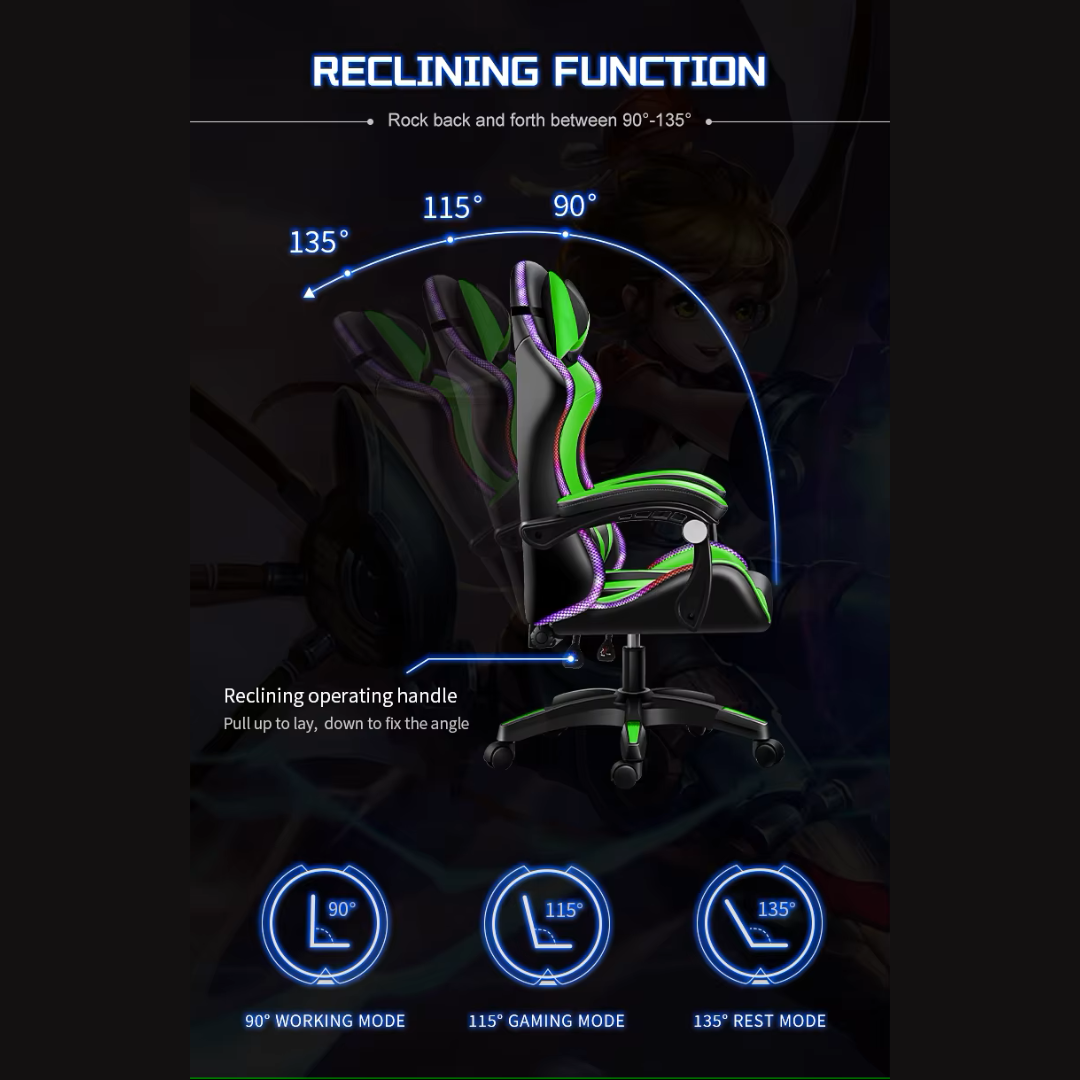 Gaming Chair Racing Chair with Speaker and RGB Light (Green)