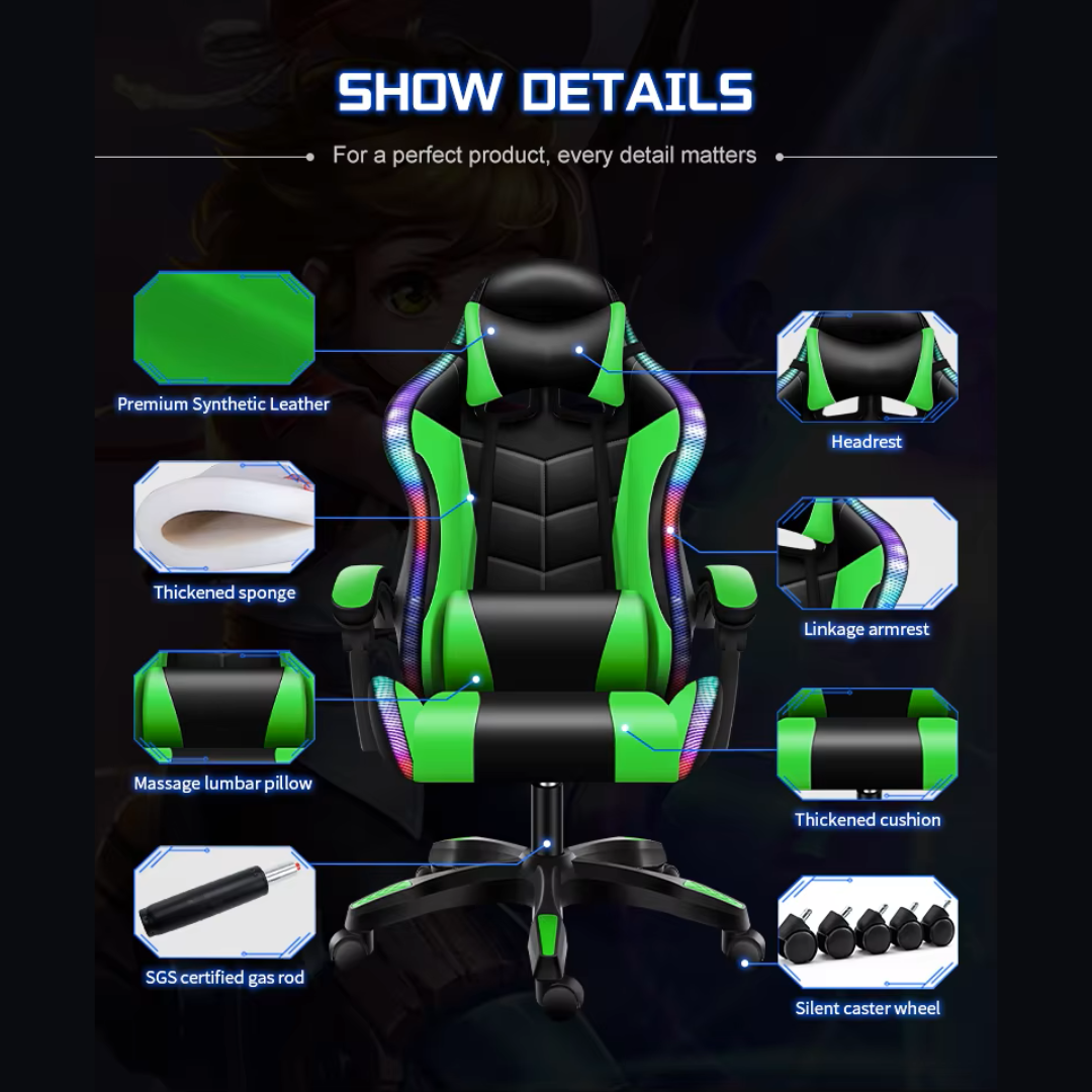 Gaming Chair Racing Chair with Speaker and RGB Light (Green)
