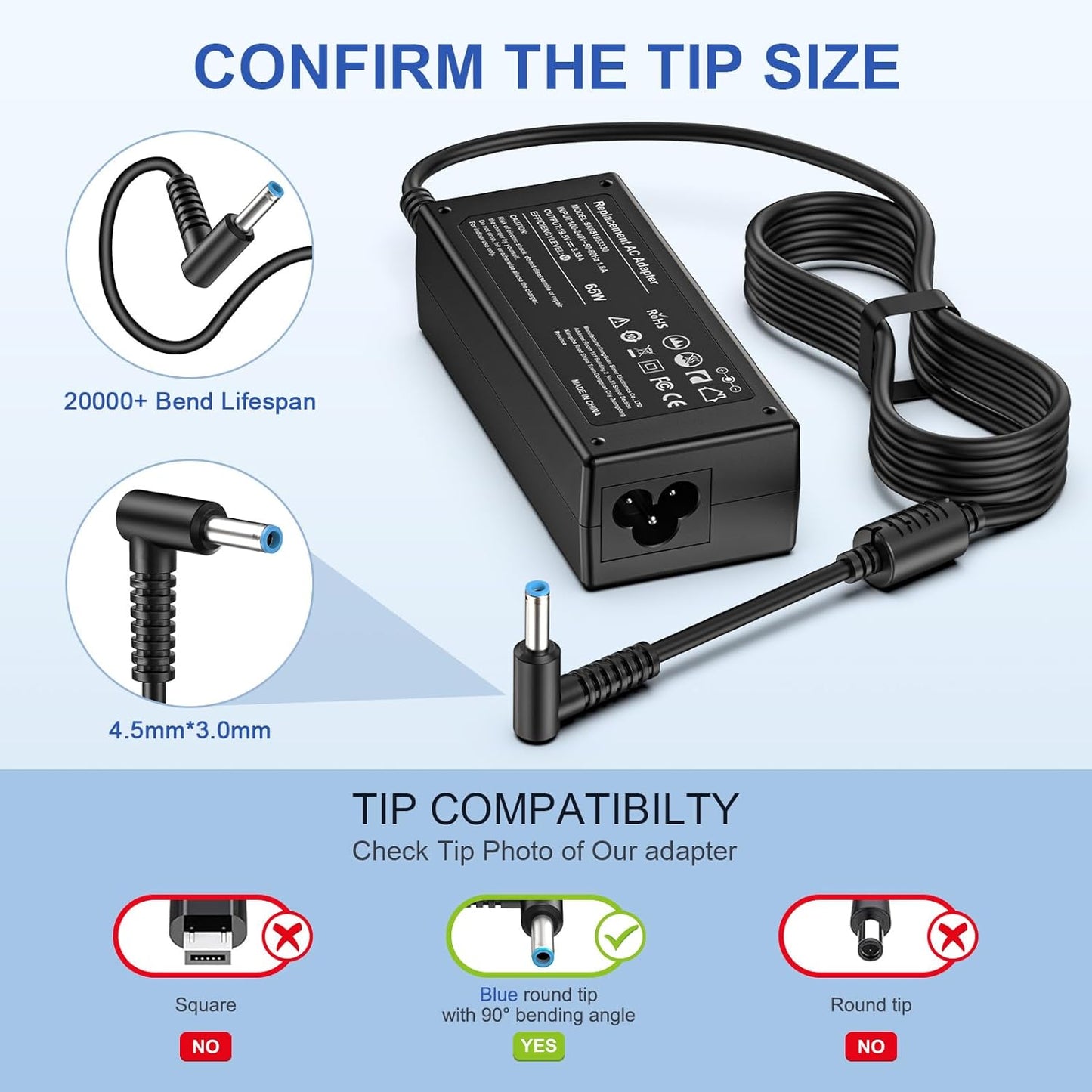 HP Laptop Charger 65W 45W Smart Blue Tip Power Adapter