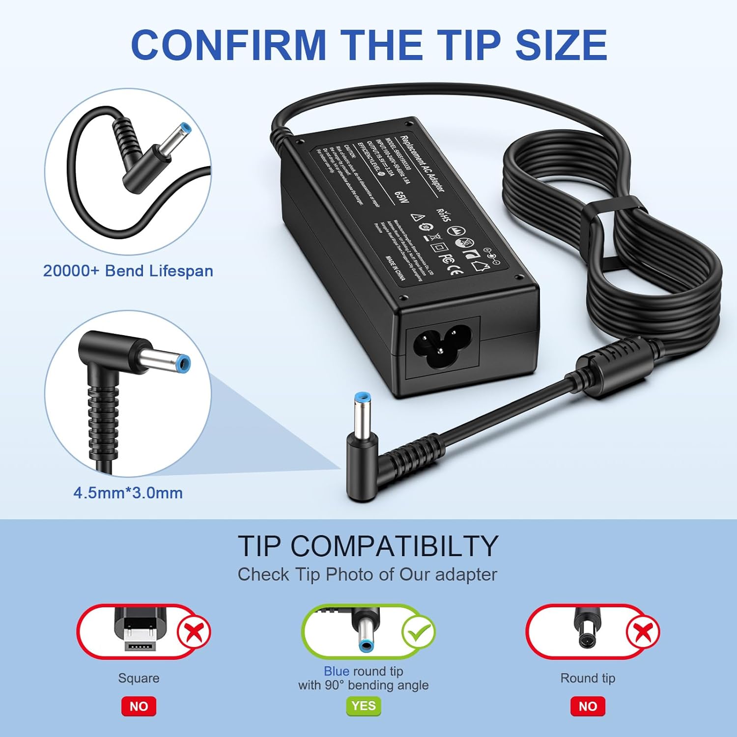 HP Laptop Charger 65W 45W Smart Blue Tip Power Adapter