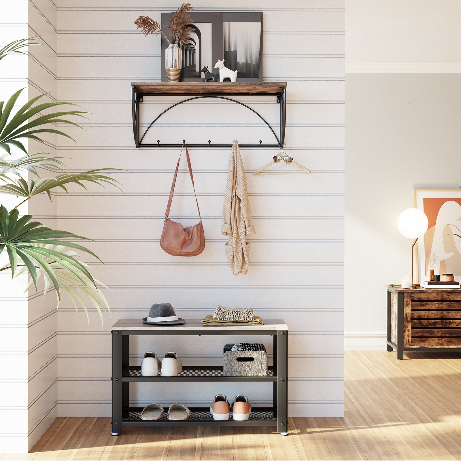 VASAGLE Shoe Storage Bench Rack with 2 Shelves - Greige