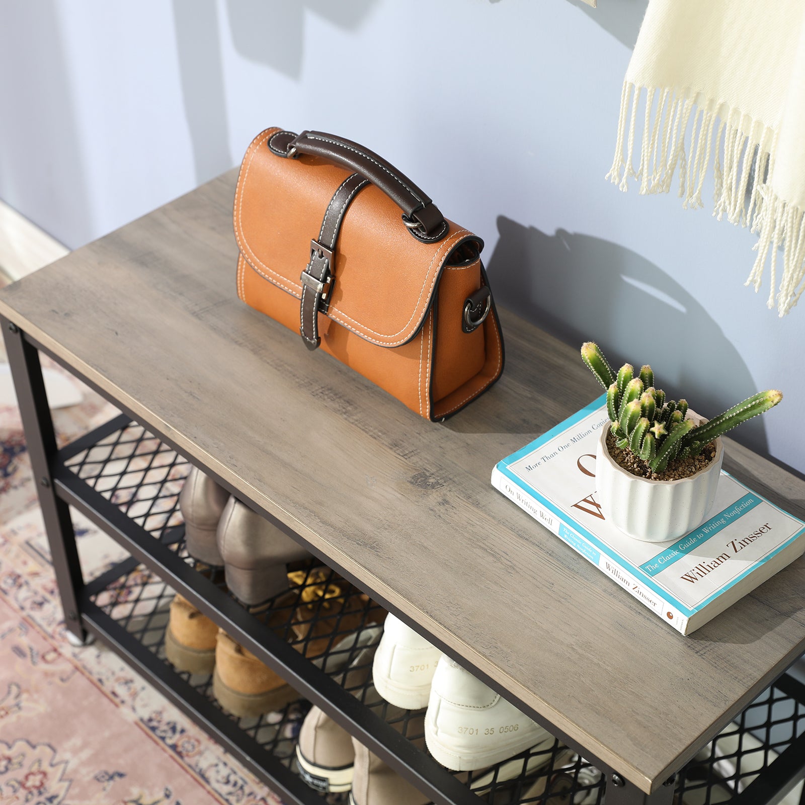 VASAGLE Shoe Storage Bench Rack with 2 Shelves - Greige