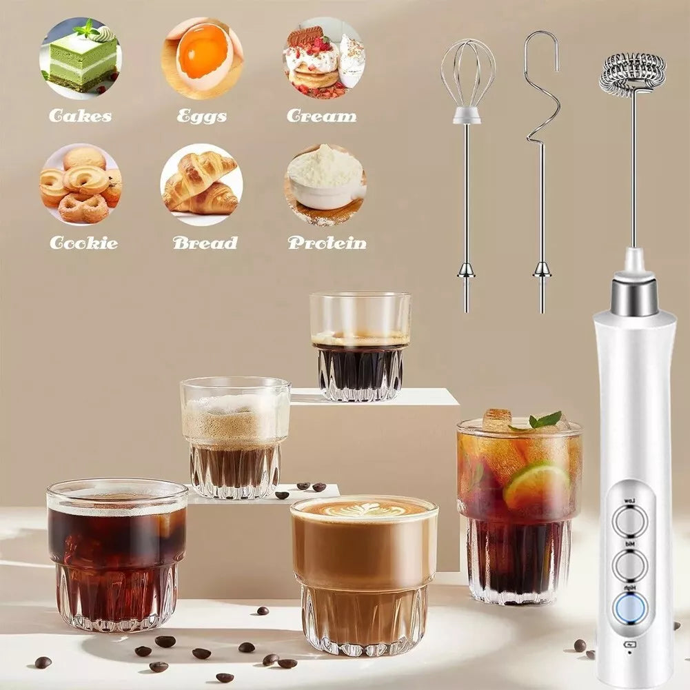 Electric Milk Frother Rechargeable Whisk Mixer Stirrer (White)