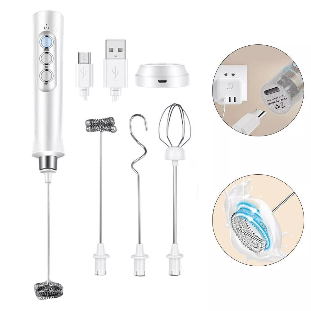 Electric Milk Frother Rechargeable Whisk Mixer Stirrer (White)