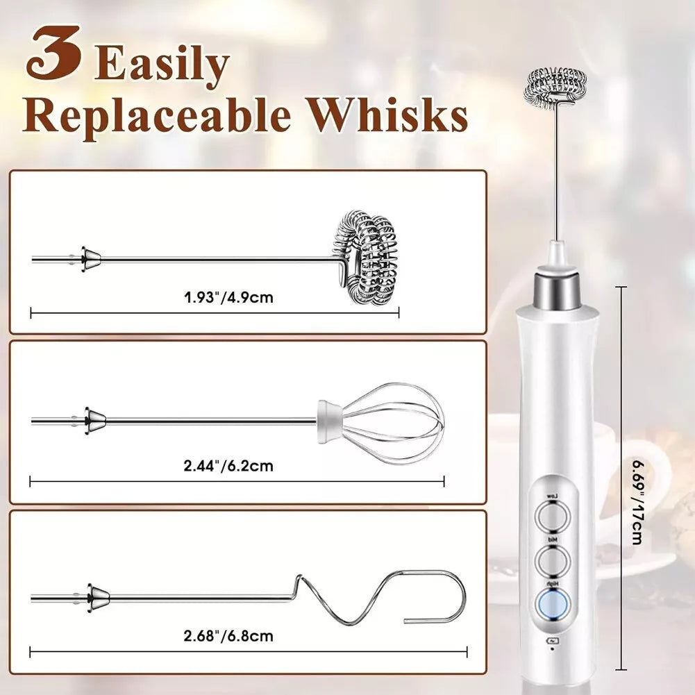 Electric Milk Frother Rechargeable Whisk Mixer Stirrer (White)