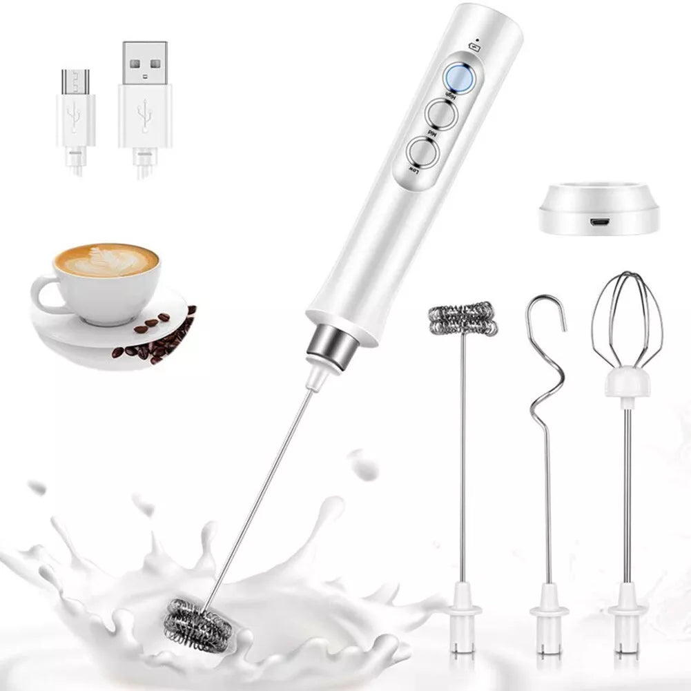 Electric Milk Frother Rechargeable Whisk Mixer Stirrer (White)