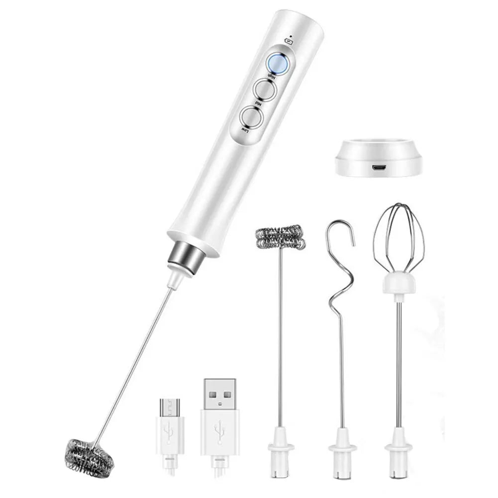 Electric Milk Frother Rechargeable Whisk Mixer Stirrer (White)