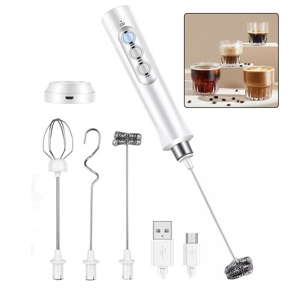 Electric Milk Frother Rechargeable Whisk Mixer Stirrer (White)