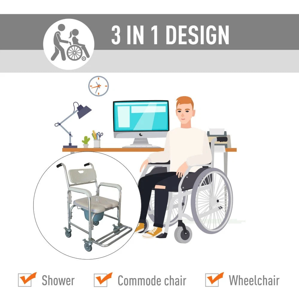 Mobile Shower Toilet Commode Chair Bath Wheelchair 4 in 1 Bath Stool Folding with Arms