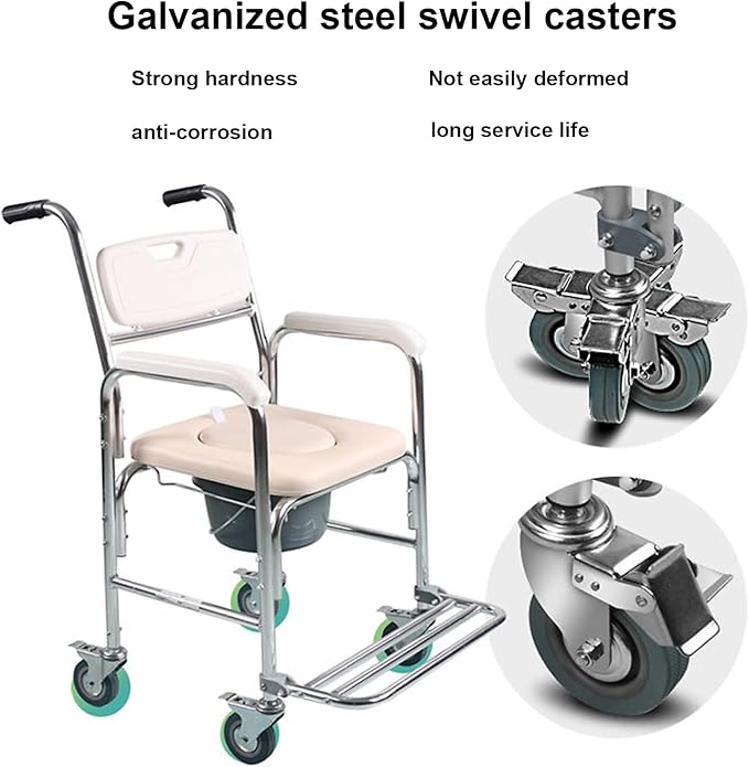 Mobile Shower Toilet Commode Chair Bath Wheelchair 4 in 1 Bath Stool Folding with Arms