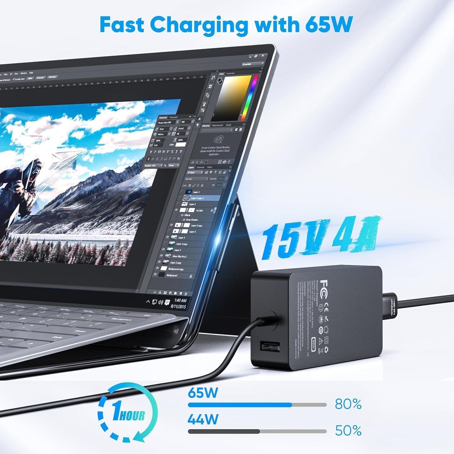 Replacement Charger for Microsoft Surface Pro X/9/8/7/6/5/4/3 65W