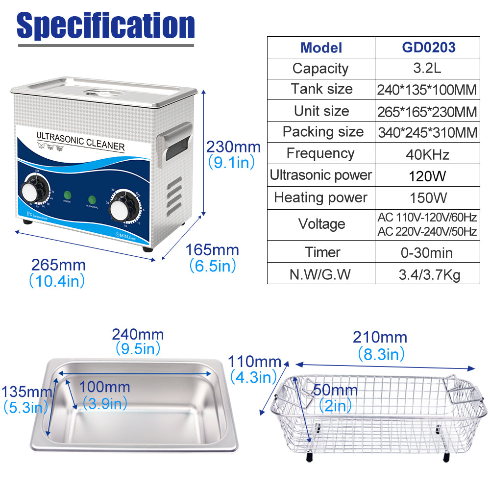 Heated Ultrasonic Cleaner 3.2L Ultrasonic