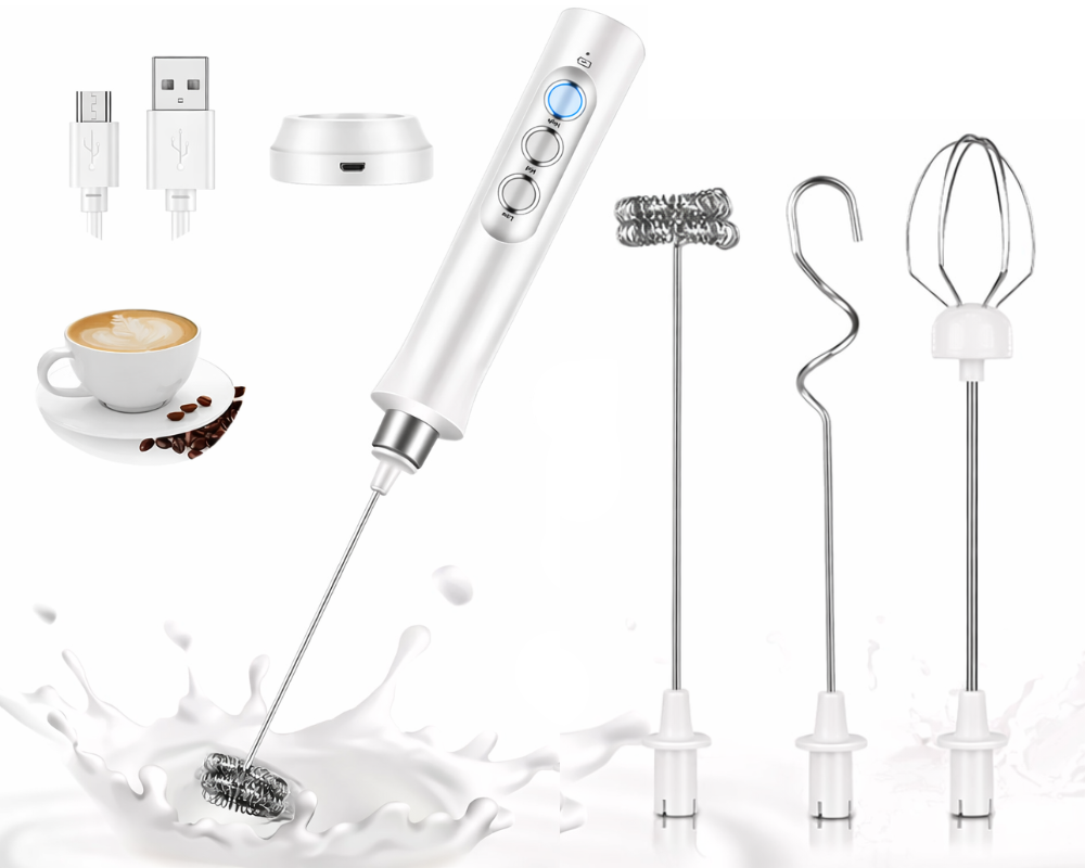 Electric Milk Frother Rechargeable Whisk Mixer Stirrer (White)