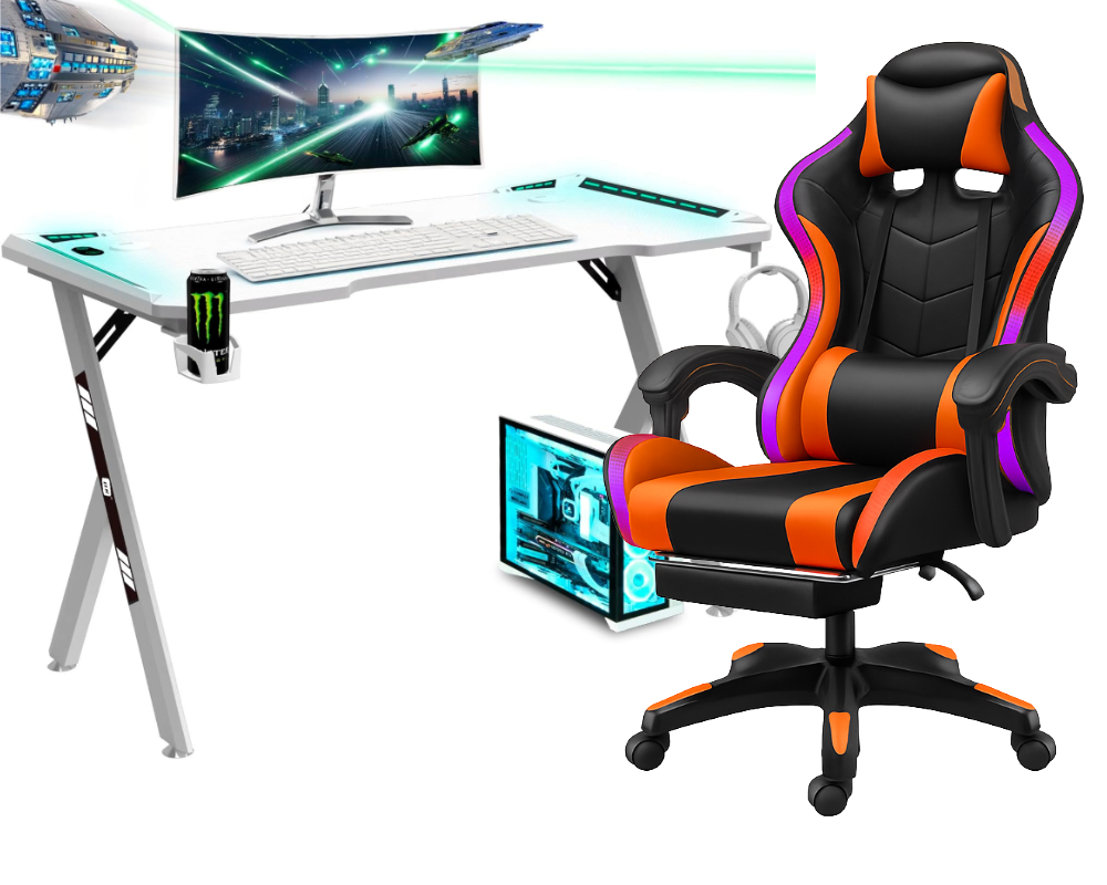 Gaming Desk & Chair Combo - RGB LED Desk + RGB LED Gaming Chair with Footrest