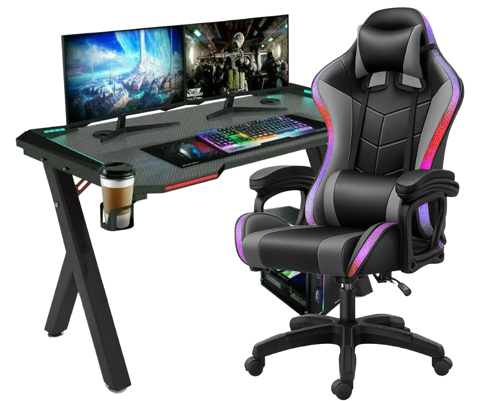 Gaming Desk & Chair Combo - RGB LED Desk + RGB LED Gaming Chair with Footrest