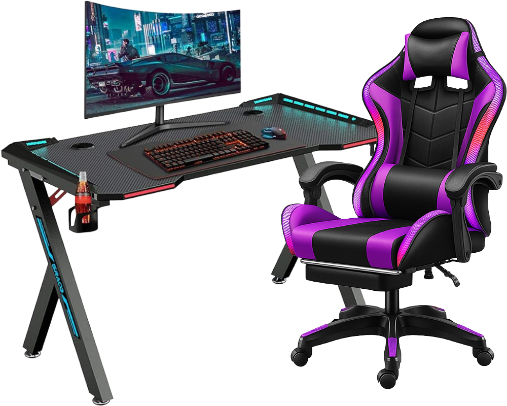 Gaming Desk & Chair Combo - RGB LED Desk + RGB LED Gaming Chair with Footrest