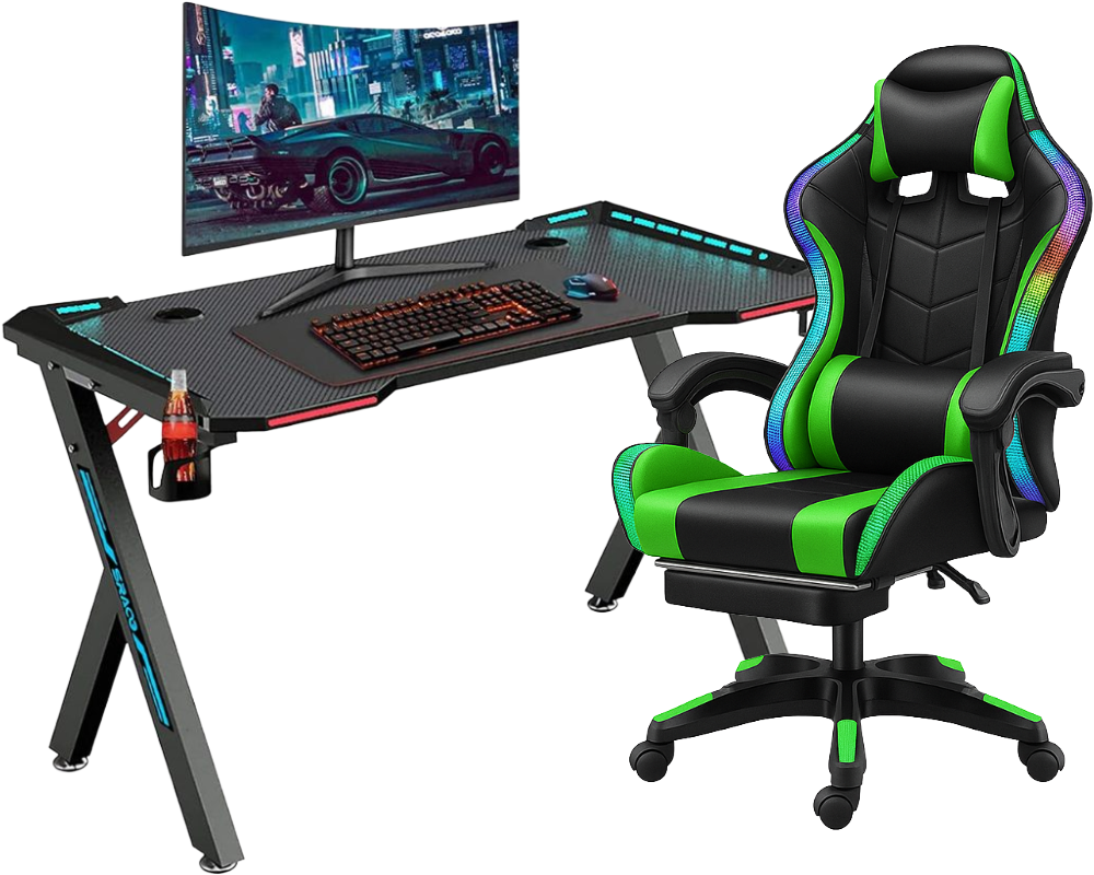 Gaming Desk & Chair Combo - RGB LED Desk + RGB LED Gaming Chair with Footrest