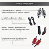 6Pcs Car Motorcycle RGB LED Neon Under Glow Light Strip Wireless Kit Remote
