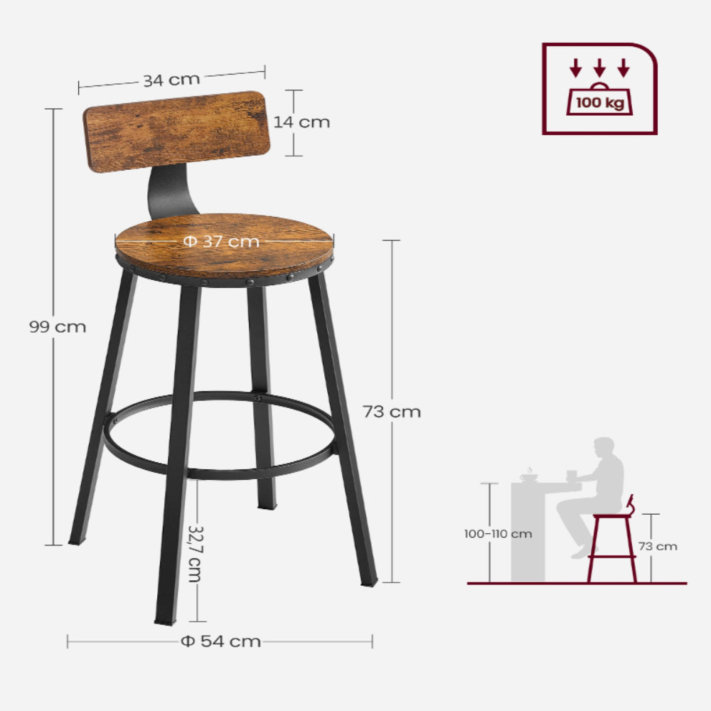 Vasagle Bar Stools Chairs Set of 2 - Rustic Brown