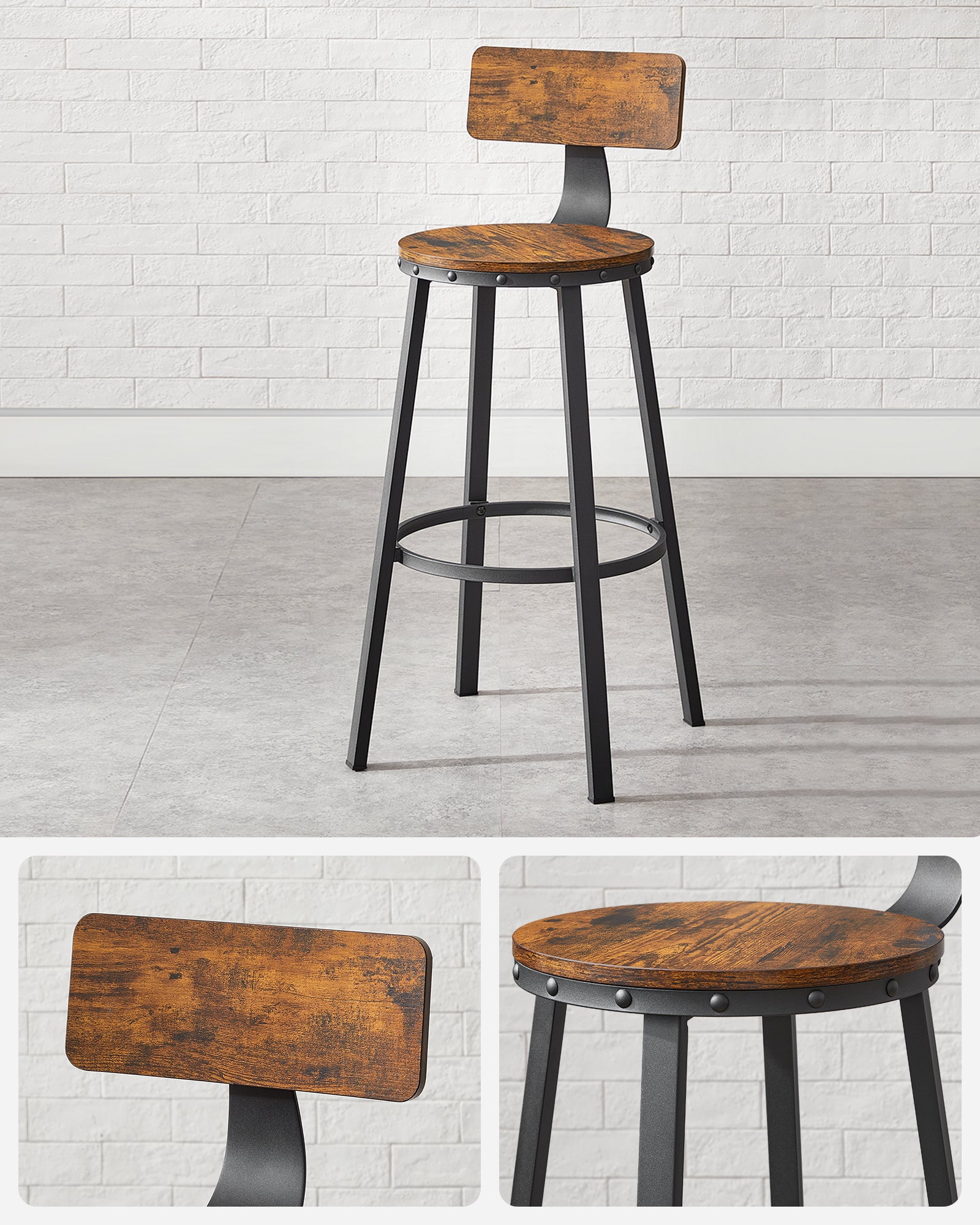 Vasagle Bar Stools Chairs Set of 2 - Rustic Brown