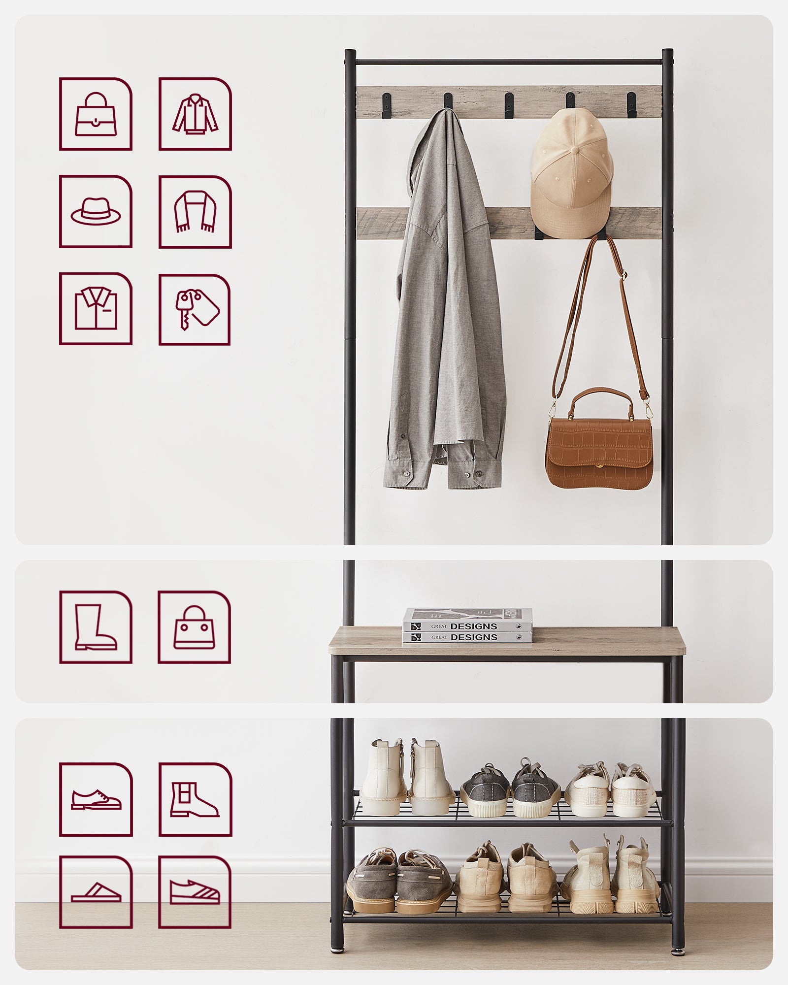 VASAGLE Coat Rack Stand Shoe Rack