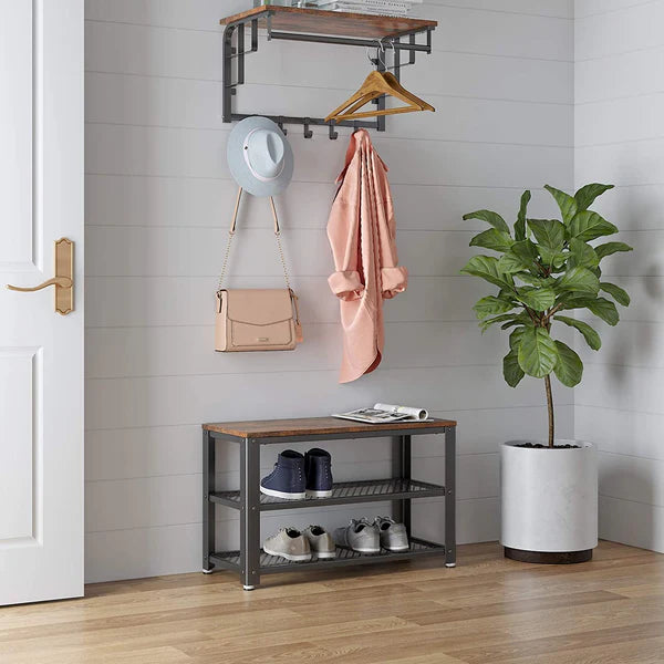 VASAGLE Shoe Storage Bench Rack with 2 Shelves - Rustic Brown