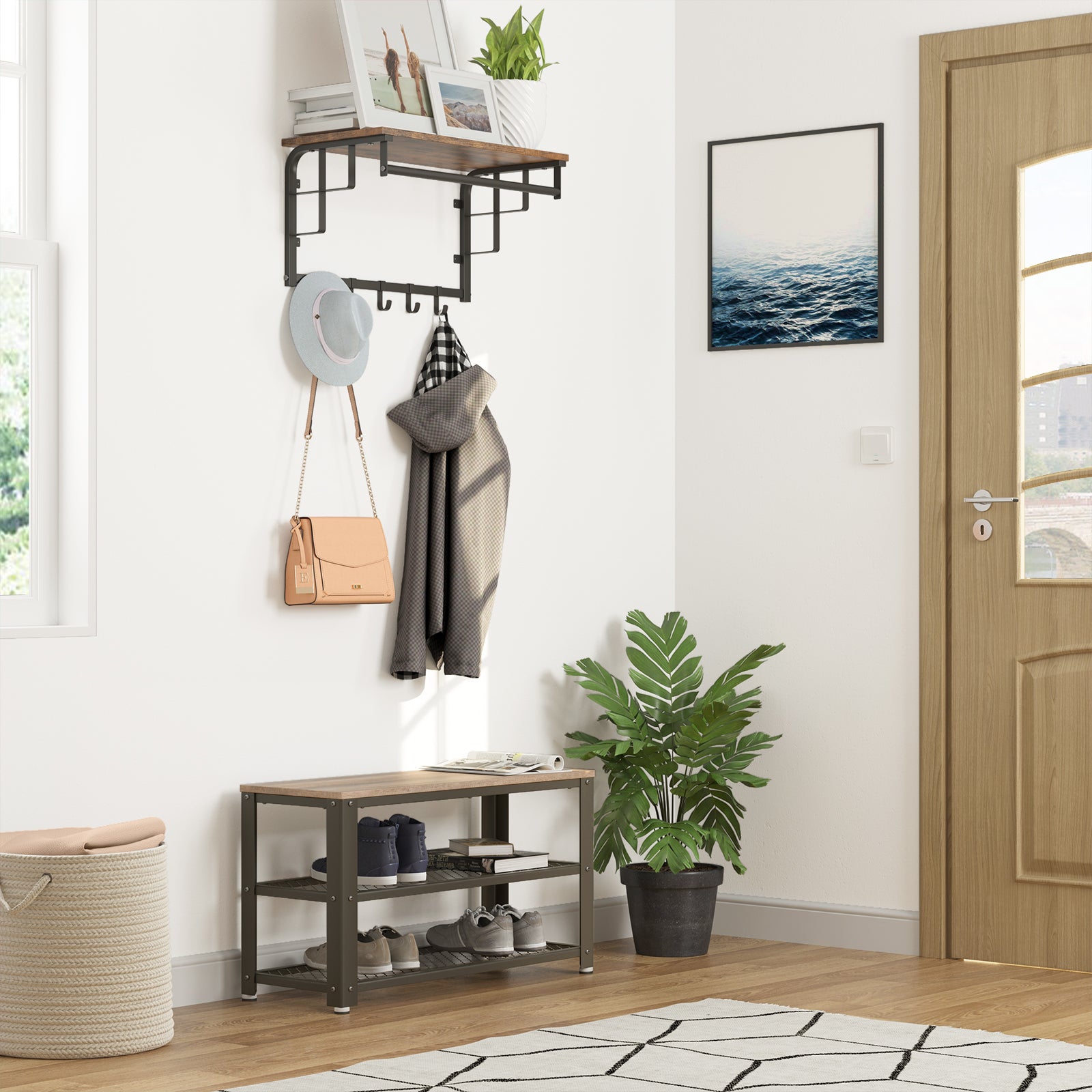 VASAGLE Shoe Storage Bench Rack with 2 Shelves - Greige