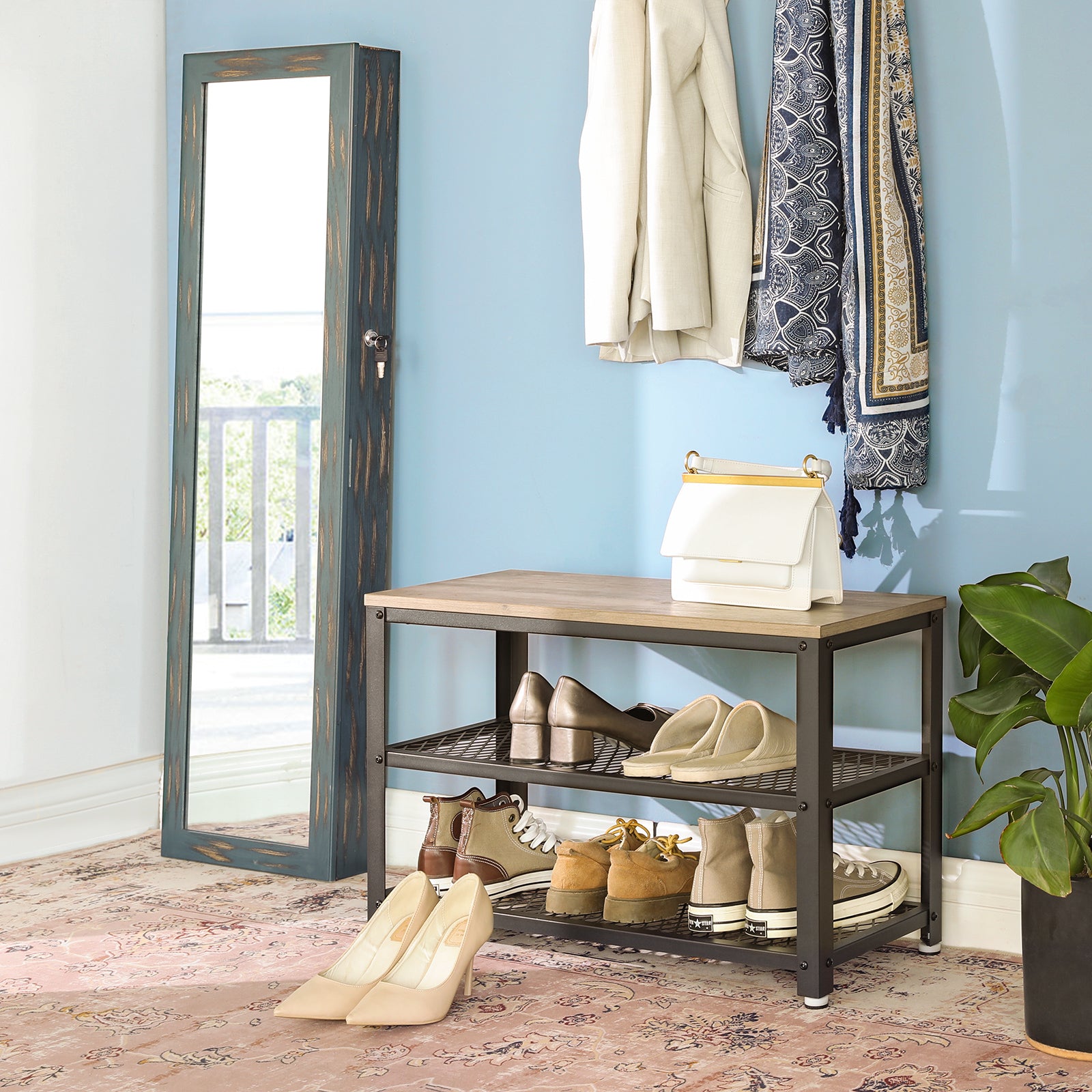 VASAGLE Shoe Storage Bench Rack with 2 Shelves - Greige